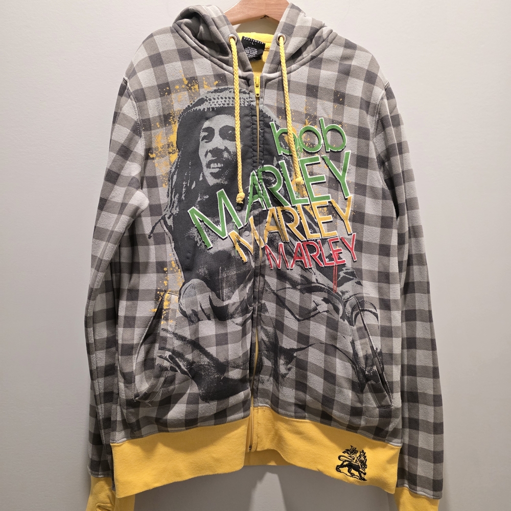 Bob Marley Zip Hoodie Zion Rootswear Plaid Graphic Sweatshirt Size L - Picture 2 of 13